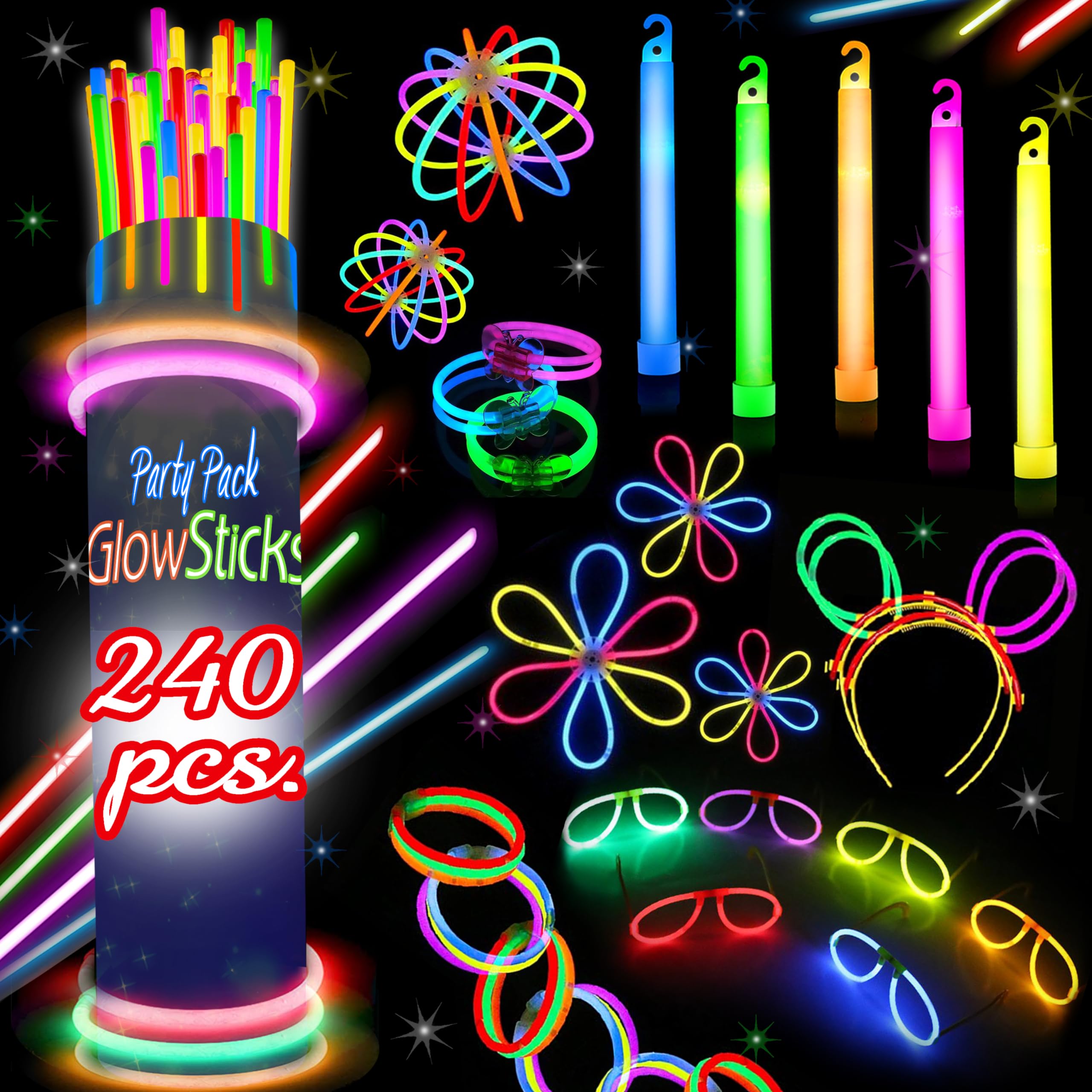Lighting Decor And More - ชุดแท่งไฟเรืองแสง 240 แท่งสำหรับปาร์ตี้ฮาโลวีน – กิจกรรมเรืองแสงสำหรับครอบครัว –